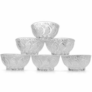 Premium Crystal Glass Bowl Set of 6 – 120 ML | Transparent Katori / Kanch Bowls for Daily Serving & Dining | Royal Flower Design